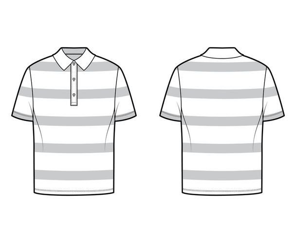 Camisa rugby rayas técnica moda ilustración con mangas cortas, longitud de la túnica, cuerpo de gran tamaño, cuello henley. - Vector, imagen