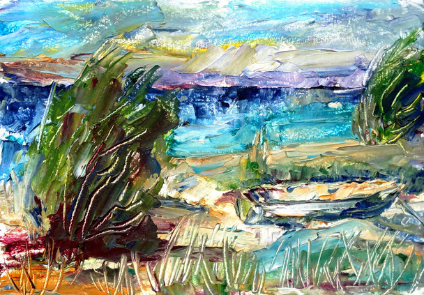 Kıyı manzarası kum tepeleri ve tekne, yağlı boya tablo, seyahat çizimi. Baltık deniz manzarası. Yüksek kaliteli illüstrasyon - Fotoğraf, Görsel