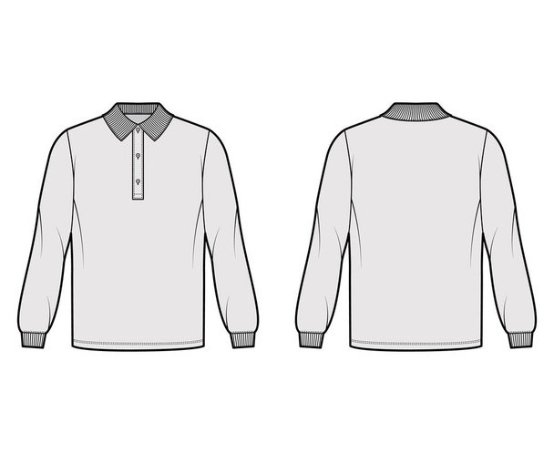 Tričko pólo nadměrné technické módní ilustrace s dlouhými rukávy, pletená manžeta, knoflík límec Henley. Oblečení oblečení - Vektor, obrázek