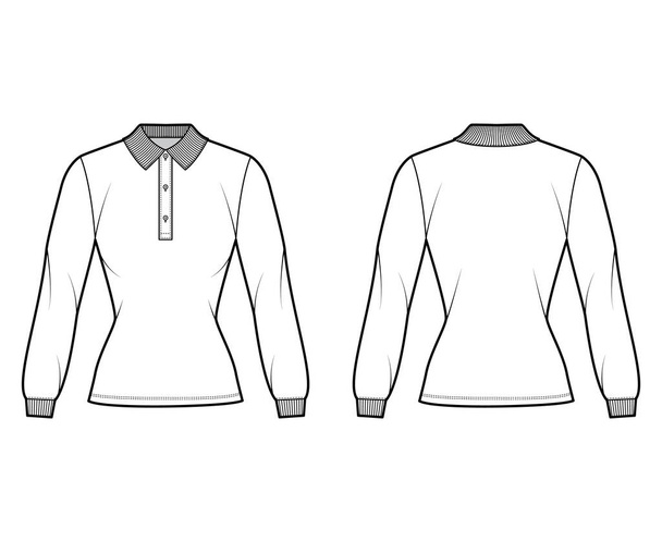 Shirt polo gemonteerd lichaam technische mode illustratie met lange mouwen, tuniek lengte, henley knop nek, platte kraag - Vector, afbeelding