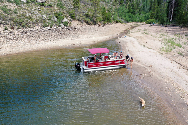 Aerial view of family and friends on pontoon boat on Lake Granby, Colorado. - Photo, Image