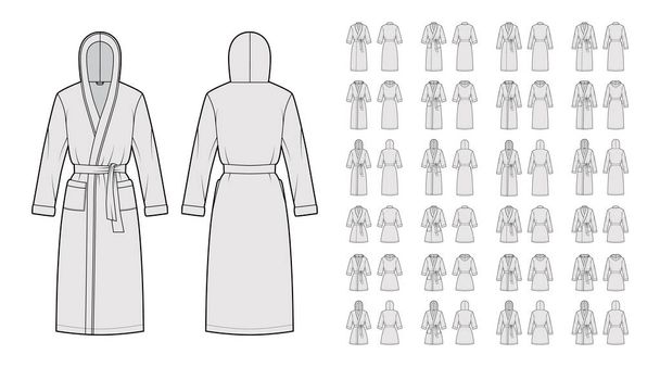Ensemble de peignoirs à capuche Robes de chambre technique illustration de mode avec ouverture enveloppante, genou mini longueur, surdimensionné - Vecteur, image