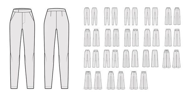Zestaw spodni klasycznej technicznej ilustracji mody z niską normalną talią, wysoki wzrost, pełna długość, szerokie dopasowane nogi - Wektor, obraz