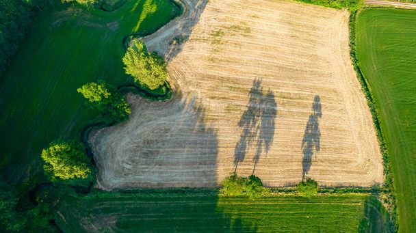 Hermosos patrones naturales de campos de cultivo en el campo en verano. Vista aérea de drones, vista aérea de aves - Foto, imagen