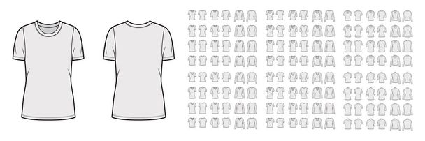 Set di top camicie, serbatoi, camicette illustrazione tecnica di moda con montaggio oversize, collo a paletta, manica corta lunga - Vettoriali, immagini