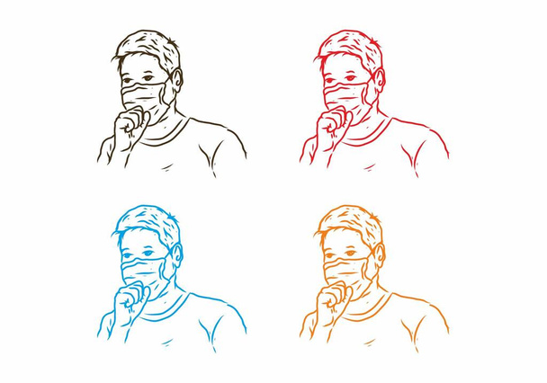 Cztery odmiany kolorystyczne człowieka, który kaszle nosząc maskę medyczną linii art drawing design - Wektor, obraz