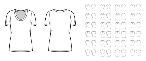 Conjunto de camisas top ilustración técnica de moda con cuerpo de gran tamaño, cucharada, capucha, oval, cuello en V, mangas cortas - Vector, imagen