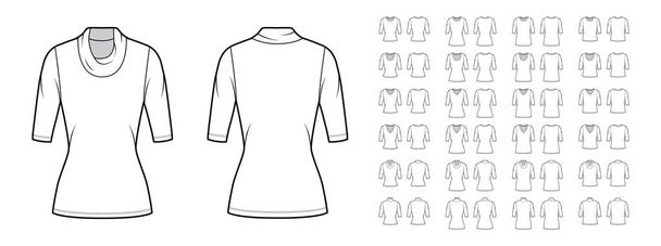 Σύνολο πουκάμισα κορυφές τεχνική απεικόνιση της μόδας με τοποθετηθεί oversized σώμα, σέσουλα, cowl, οβάλ, V-λαιμό, μανίκια αγκώνα - Διάνυσμα, εικόνα