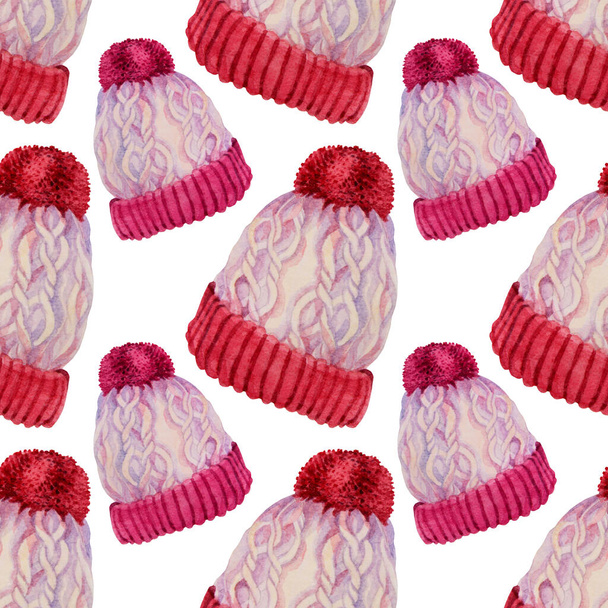 Modello senza soluzione di continuità acquerello disegnato a mano rosso inverno cappello di Natale con pompon isolato su sfondo bianco. Articolo di abbigliamento accessorio. Arte oggetto creativo per avvolgere, tessile, carta da parati - Foto, immagini