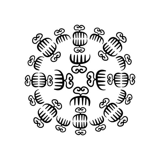 Vektor-Mandala mit uralten ethnischen Stammessymbolen der Adinkra. Ritueller Siebdruck afrikanischer Völker und Stämme. Künstlerische Handmalerei - Vektor, Bild