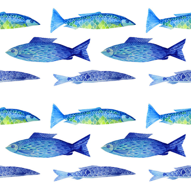 Modèle sans couture aquarelle dessiné à la main bleu poisson art naïf fond créatif - Photo, image