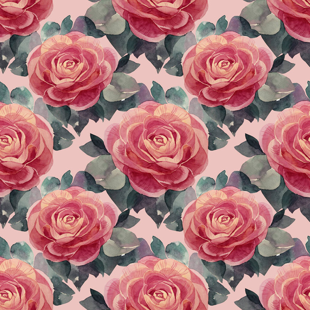 Motif sans couture aquarelle fleur dessinée à la main avec des feuilles pivoine camélia rose coup de pinceau sur fond rose art créatif enveloppement - Photo, image