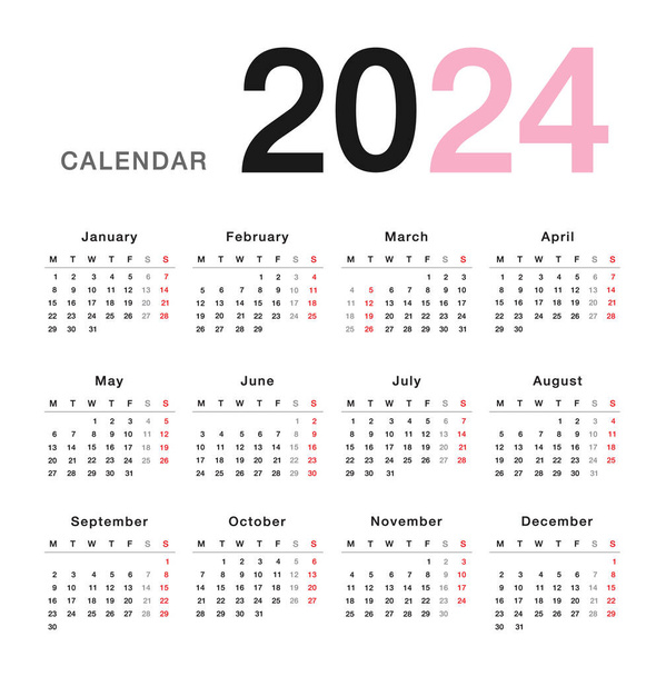 Kolorowy Rok 2024 kalendarz horyzontalny wektor wzór projektu, proste i czyste wzornictwo. Kalendarz na rok 2024 na białym tle organizacji i biznesu. Tydzień zaczyna się w poniedziałek. - Wektor, obraz