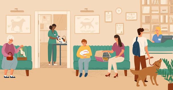 People wait in line on reception in veterinary clinic concept vector illustration. Vet hospital interior. Black veterinarian doctor examing cat on a table. Man and woman with animals - Vector, Image