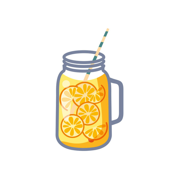 Βάζο Λεμόναντ Μέισον. Glasse με φυσικό οργινικό ποτό από λεμόνια, γκρέιπφρουτ, λάιμ, πορτοκάλι. Διάνυσμα στυλ κινουμένων σχεδίων - Διάνυσμα, εικόνα