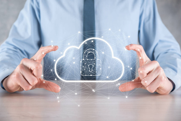 Business man hold,holding cloud computing data and security on global networking,Padlock and cloud icon. Technology of business.Cybersecurity and information or network protection.internet project. - Photo, image