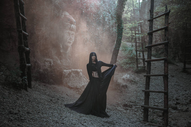 Karanlık ve sisli ormanda siyah elbiseli genç bir kadın duruyor. Karanlık parti için Cadılar Bayramı kostümü. - Fotoğraf, Görsel