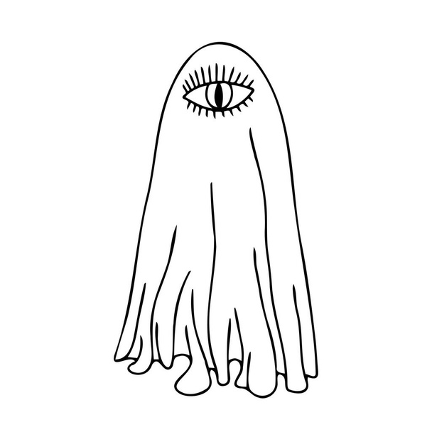Isolated vector lined black and white illustration of scary ghost with an eye - Vector, Image