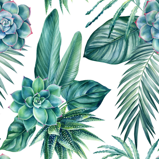 Modèle sans couture de feuilles de palmiers tropicaux et succulents, fond de jungle, peinture à l'aquarelle - Photo, image