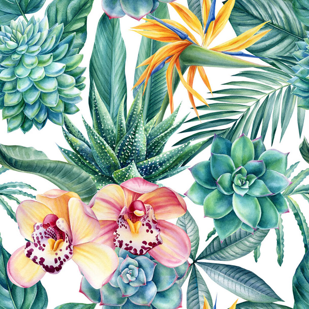 Naadloos patroon van tropische bladeren, bloemen en vetplanten, jungle achtergrond, aquarelverf - Foto, afbeelding