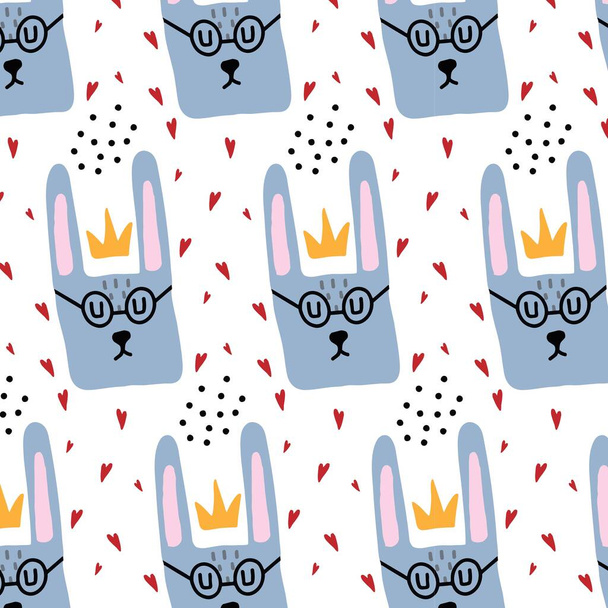 Childrens hand-drawn seamless pattern with hare wearing glasses. Pattern with a hare in a crown and hearts. The pattern is suitable for fabrics, prints, cards, wrapping paper. - Вектор,изображение