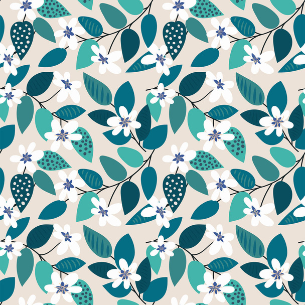 Vector floral seamless pattern. Beautiful white flowers and emerald green leaves on a light background. Flowering branches of apple, cherry, peach. Spring, summer botanical print, textiles, wallpaper - Vektor, Bild