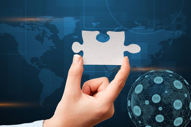 Hand Holding Jigsaw Puzzle Piece Unlocking New Futuristic Technologies. Palm Carrying Puzzles Part Displaying Solving Late Innovative Virtual Ideas. - Photo, Image