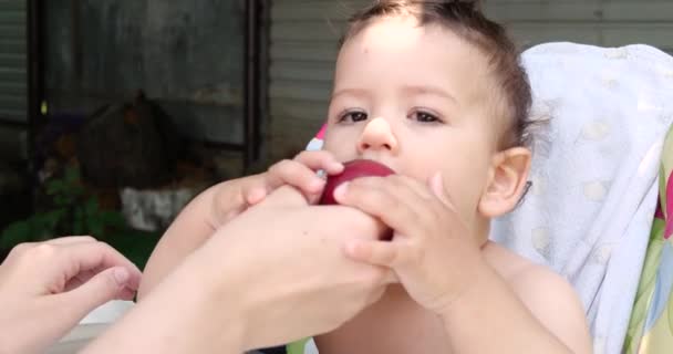 een klein kind zit op een babystoel en eet in de zomer een perzik. Het concept van de jeugd. Close-up opname - Video