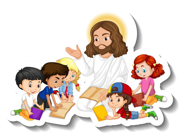 Jezus Christus met kinderen groep sticker op witte achtergrond illustratie - Vector, afbeelding