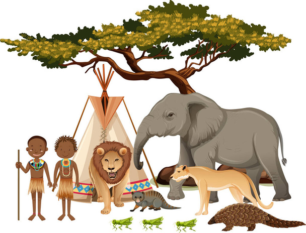 Tribu africana con grupo de animales salvajes africanos sobre fondo blanco ilustración - Vector, imagen