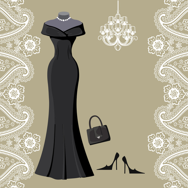 Black party dress with chandelier and paisley border - Fotoğraf, Görsel