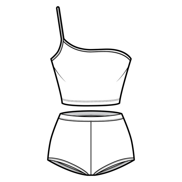 Zestaw bielizny - One shoulder cami biustonosz i kontroli majtki techniczne moda ilustracja z wysokiej talii - Wektor, obraz