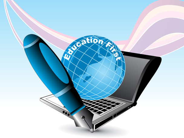 education background with globe, laptop and pen, vector illustration - Vektör, Görsel