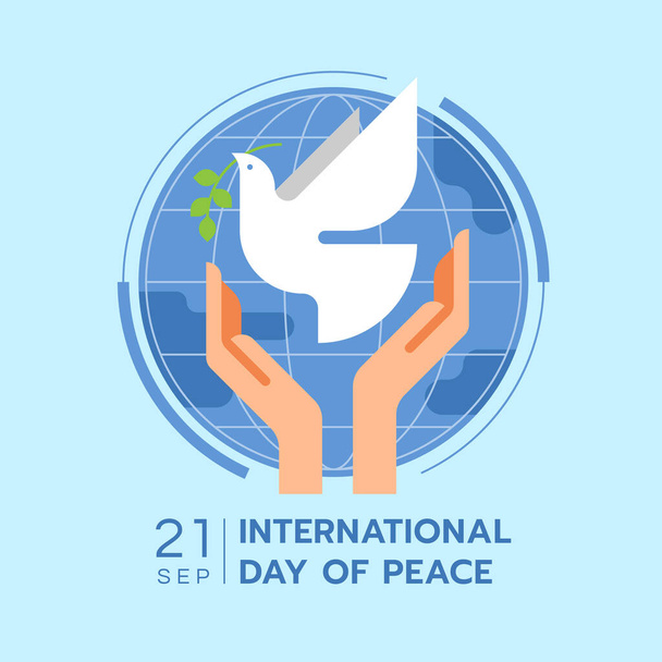 Международный день мира - руки позволяют голубю мира летать по голубому кругу мира на мягком голубом фоне - Вектор,изображение