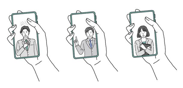 Illustrazione di una mano che tiene uno smartphone e un uomo d'affari - Vettoriali, immagini