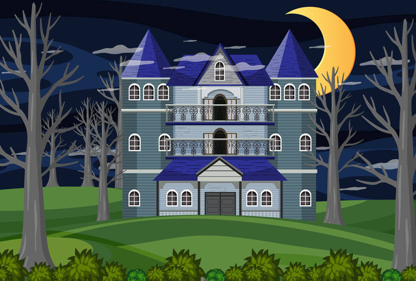 Haunted halloween mansion at night illustration - Vector, imagen