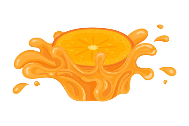 Fresh bright half cut persimmon juice splash burst isolated on white background. Summer fruit juice. Cartoon style. Vector illustration for any design. - Vector, Image