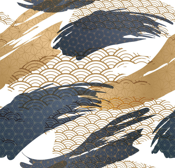 Nahtloser abstrakter Hintergrund mit japanischem Goldmustervektor. Pinselstrich-Illustration mit geometrischem Linienelement im Vintage-Stil. Farbenfrohes Konzept. - Vektor, Bild
