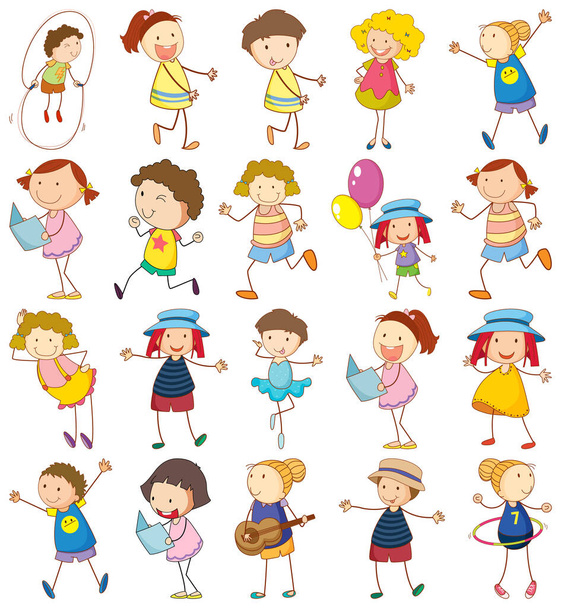 Set of different doodle kids cartoon character illustration - Vector, Image