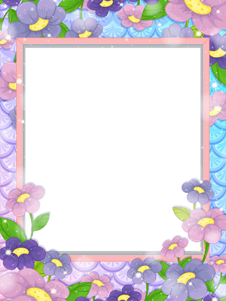Blank banner on rainbow fish scales background with many flowers illustration - Вектор,изображение