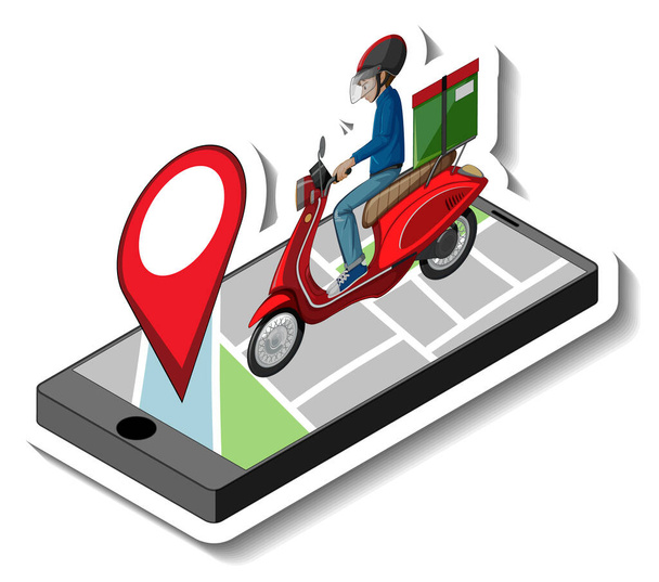 Un modello di adesivo con uno smartphone che mostra pin situato sulla mappa e illustrazione uomo consegna - Vettoriali, immagini