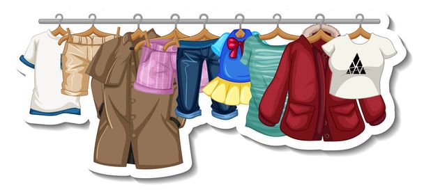 Eine Aufklebervorlage von Kleiderständern mit vielen Kleidungsstücken auf Kleiderbügeln auf weißem Hintergrund - Vektor, Bild