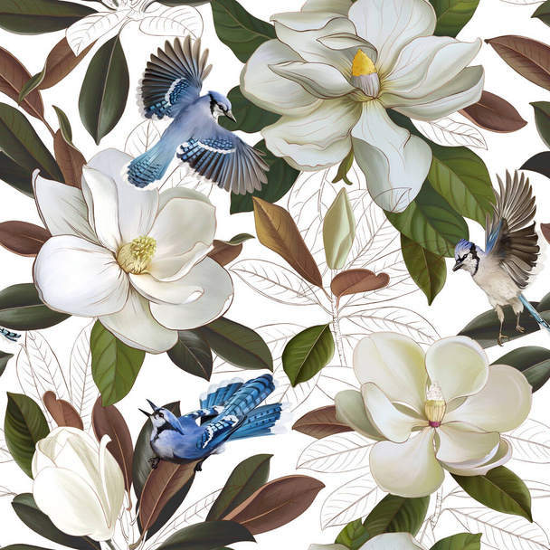 Рисунок с цветками магнолии и экзотическими птицами на белом фоне. Цветочный узор. Дизайн для обоев, фотообоев, фресок, открыток, открыток, чехлов и т.д..  - Фото, изображение