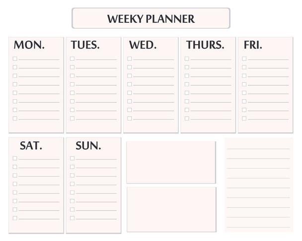 Modèle de planificateur hebdomadaire élégant. Organisateur isolé et horaire avec notes et liste de choses à faire pour chaque jour. Vecteur - Vecteur, image