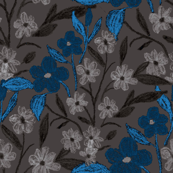 ワックスクレヨンで描かれた抽象的な花と創造的なシームレスなパターン。明るい色の花｜print. - 写真・画像