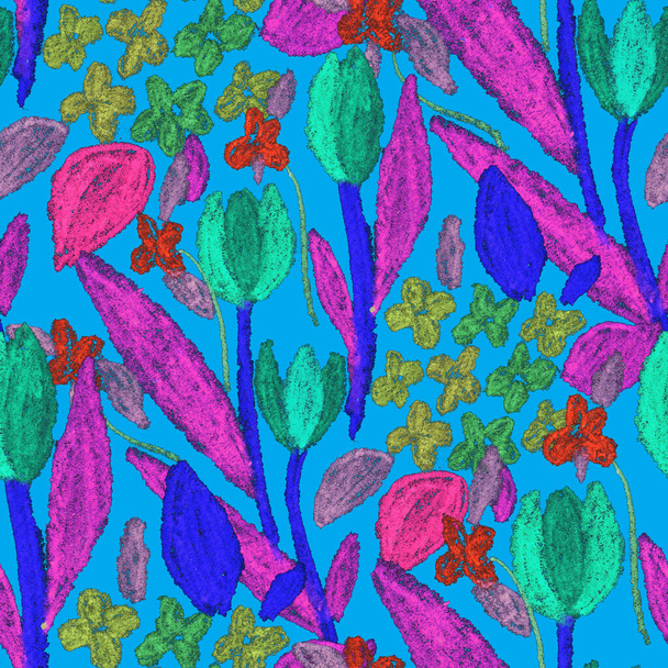 Creative seamless pattern with abstract flowers drawn with wax crayons. Bright colorful floral print. - Photo, Image