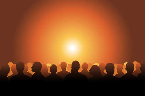 Silhouetted crowd ( audience, fans ) looks black by backlight. Vector banner illustration. - Vector, Image
