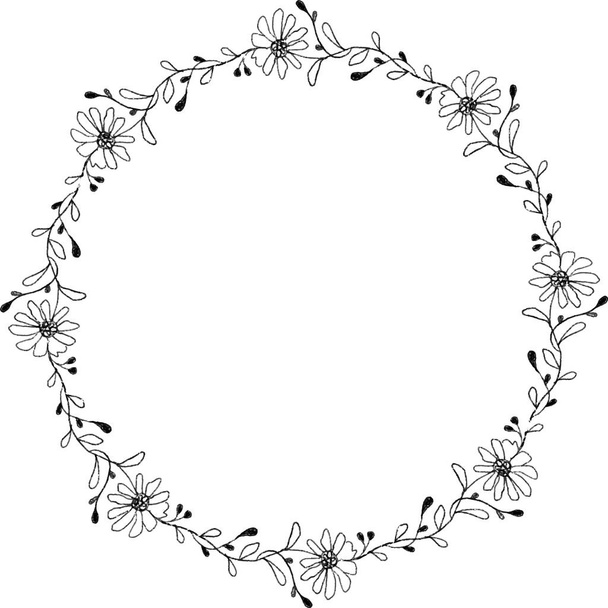 Tiny Sun Flower - Bleistiftzeichnung Hand gezeichnet Kranz schwarz und weiß Hintergrund Bordüre Karte - Vektor, Bild