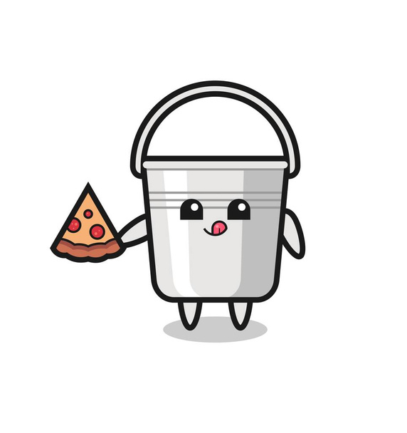 mignon seau en métal dessin animé manger pizza, conception de style mignon pour t-shirt, autocollant, élément de logo - Vecteur, image