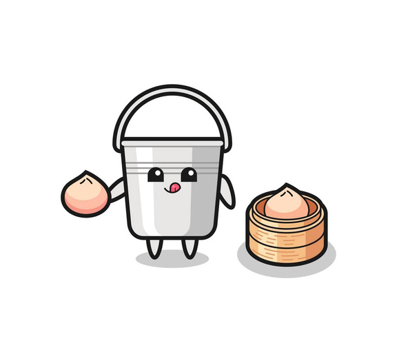 cute metal bucket character eating steamed buns , cute style design for t shirt, sticker, logo element - Vector, Image